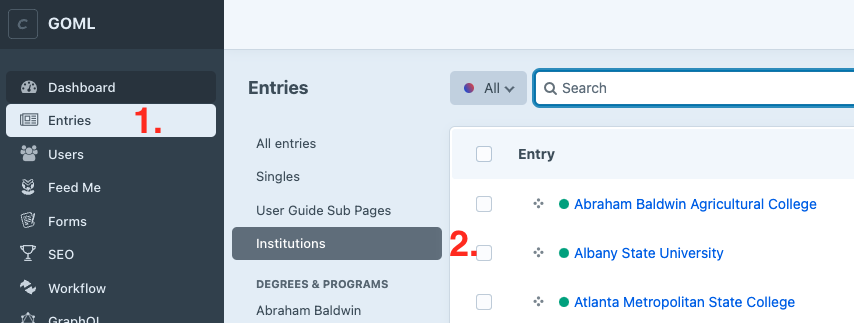 Steps to find institution Entries